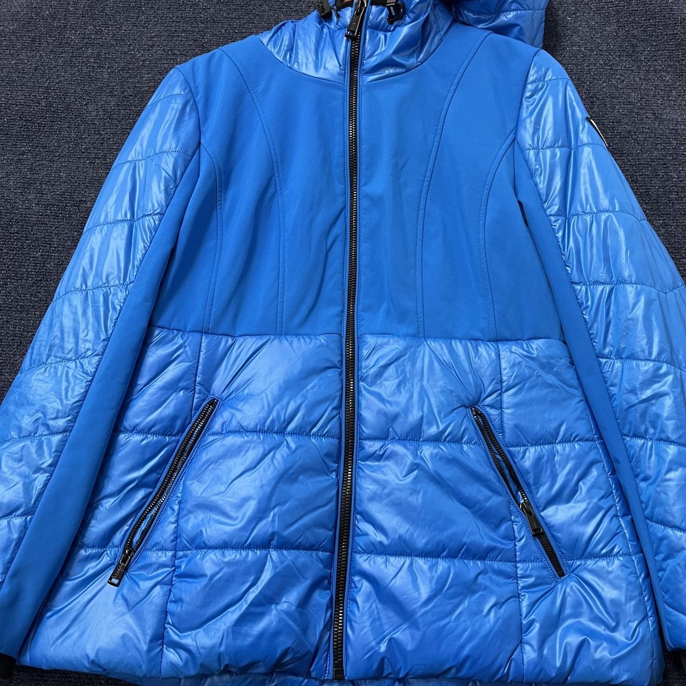 GUESS Jacket Womens Large Blue Hooded Soft Shell Puffer Full Zip Water Resistant